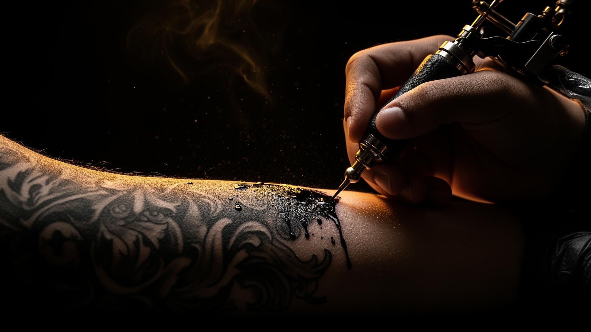 Tattoo artist working on a black and grey realism piece